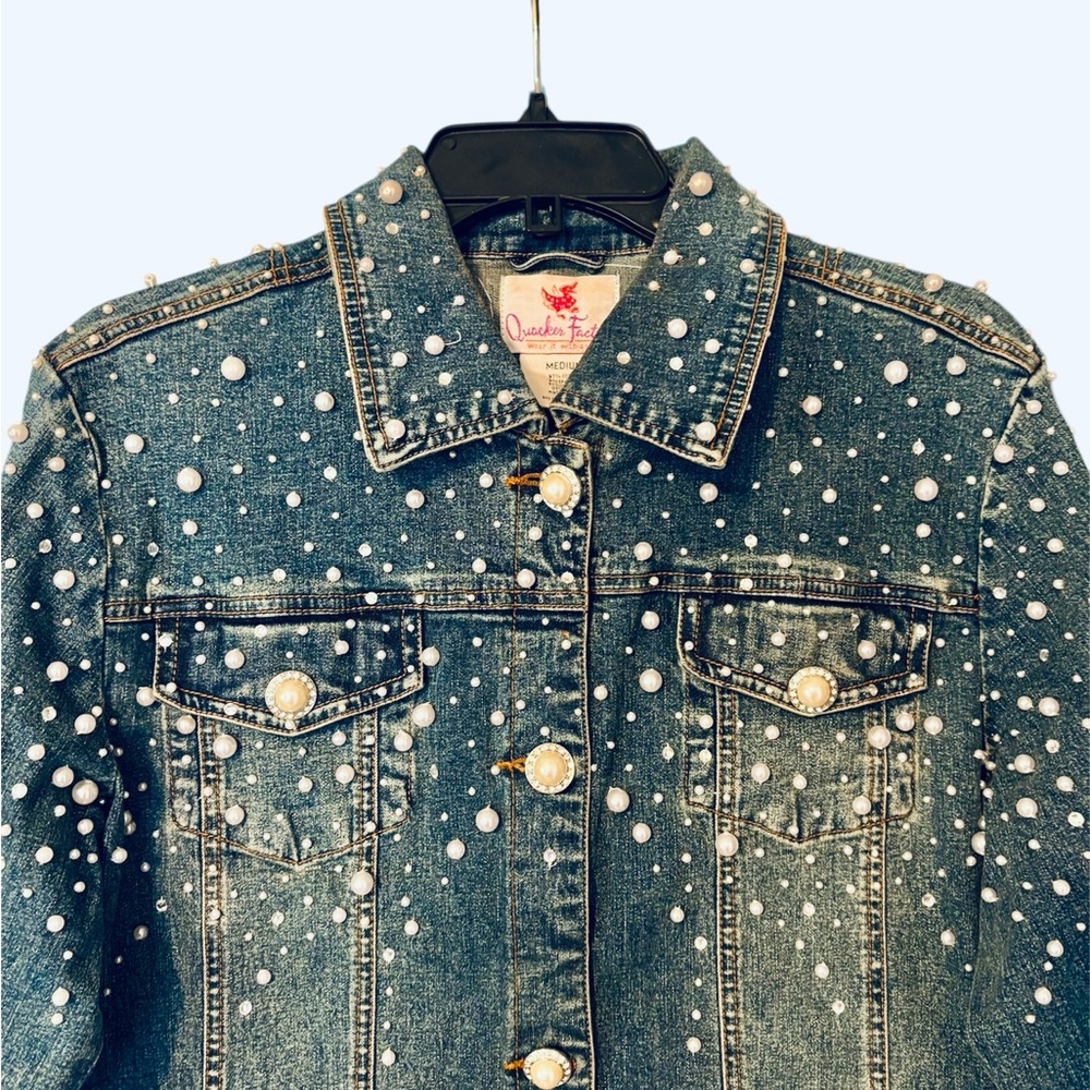 Quacker Factory Bling Denim Jacket Medium Pearls Rinestone Buttons Vintage Bride